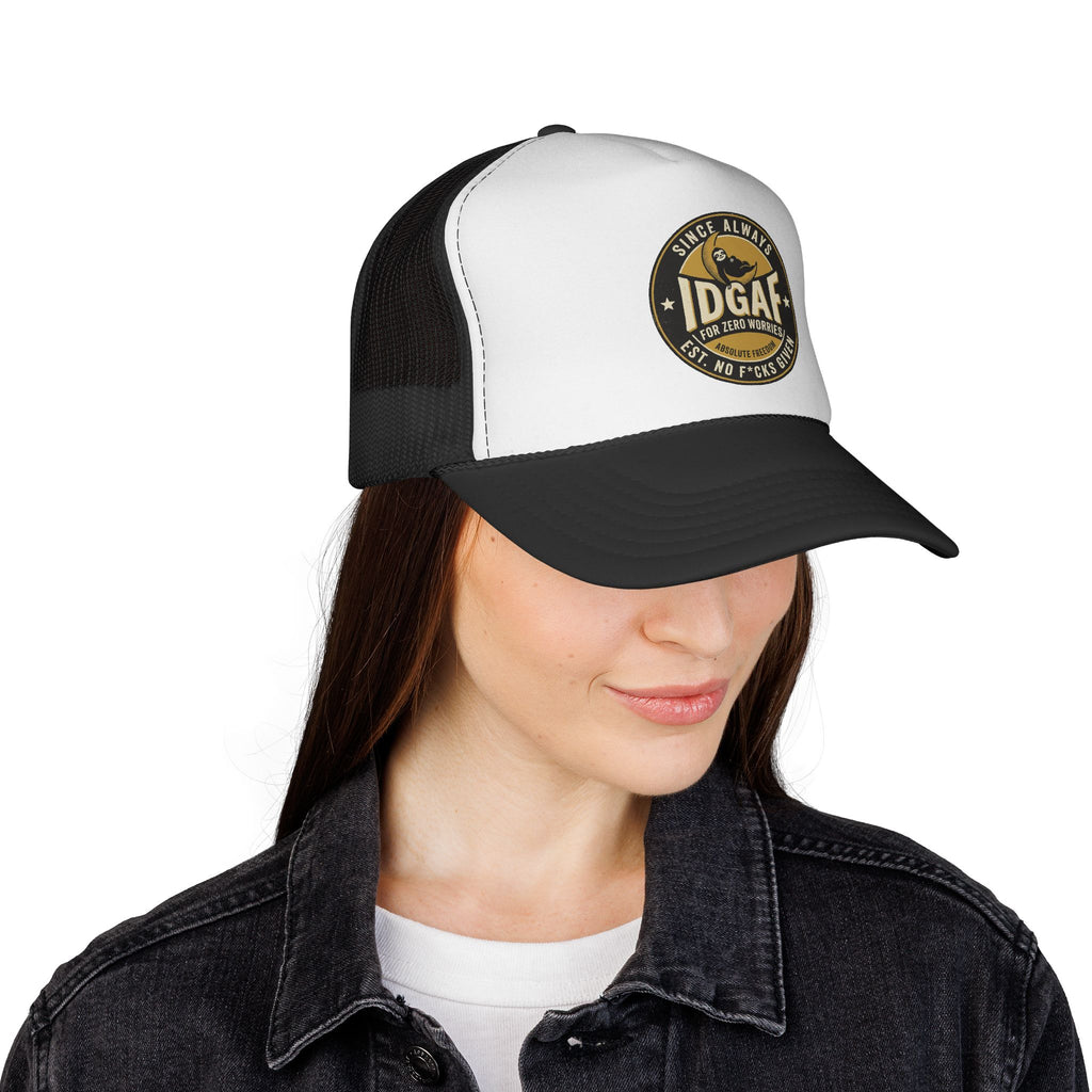DGAF Trucker Cap – Bold Patch Graphic Mesh Hat for Carefree, Edgy Style