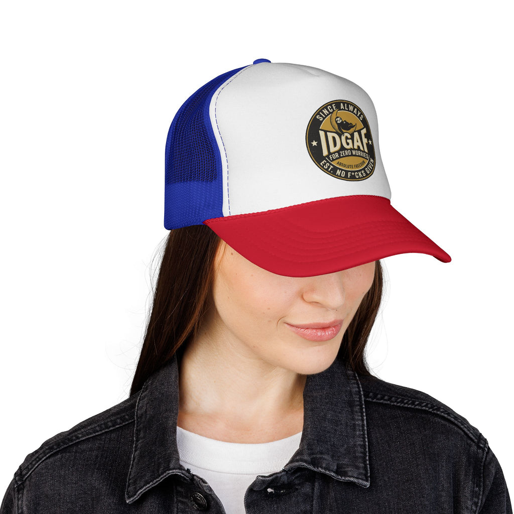 DGAF Trucker Cap – Bold Patch Graphic Mesh Hat for Carefree, Edgy Style