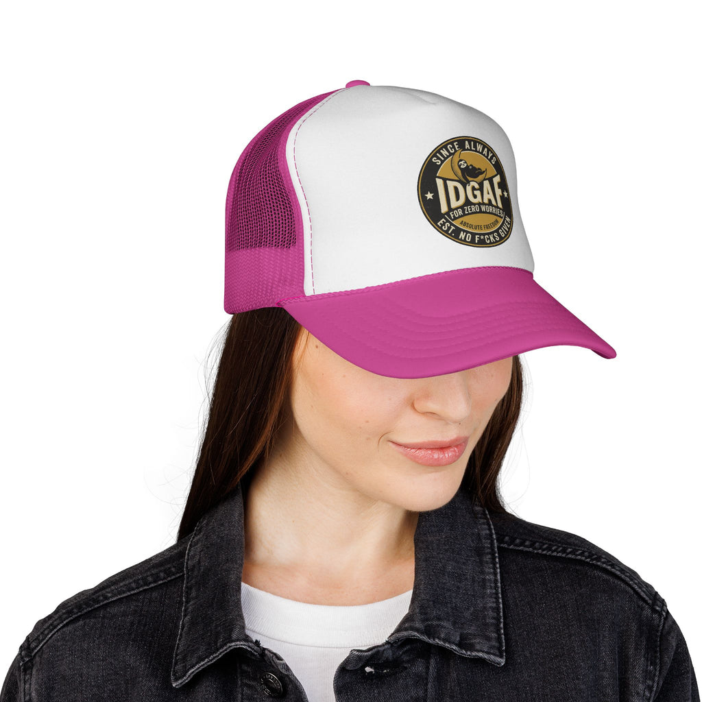 DGAF Trucker Cap – Bold Patch Graphic Mesh Hat for Carefree, Edgy Style