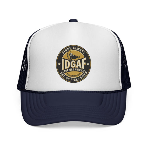 DGAF Trucker Cap – Bold Patch Graphic Mesh Hat for Carefree, Edgy Style